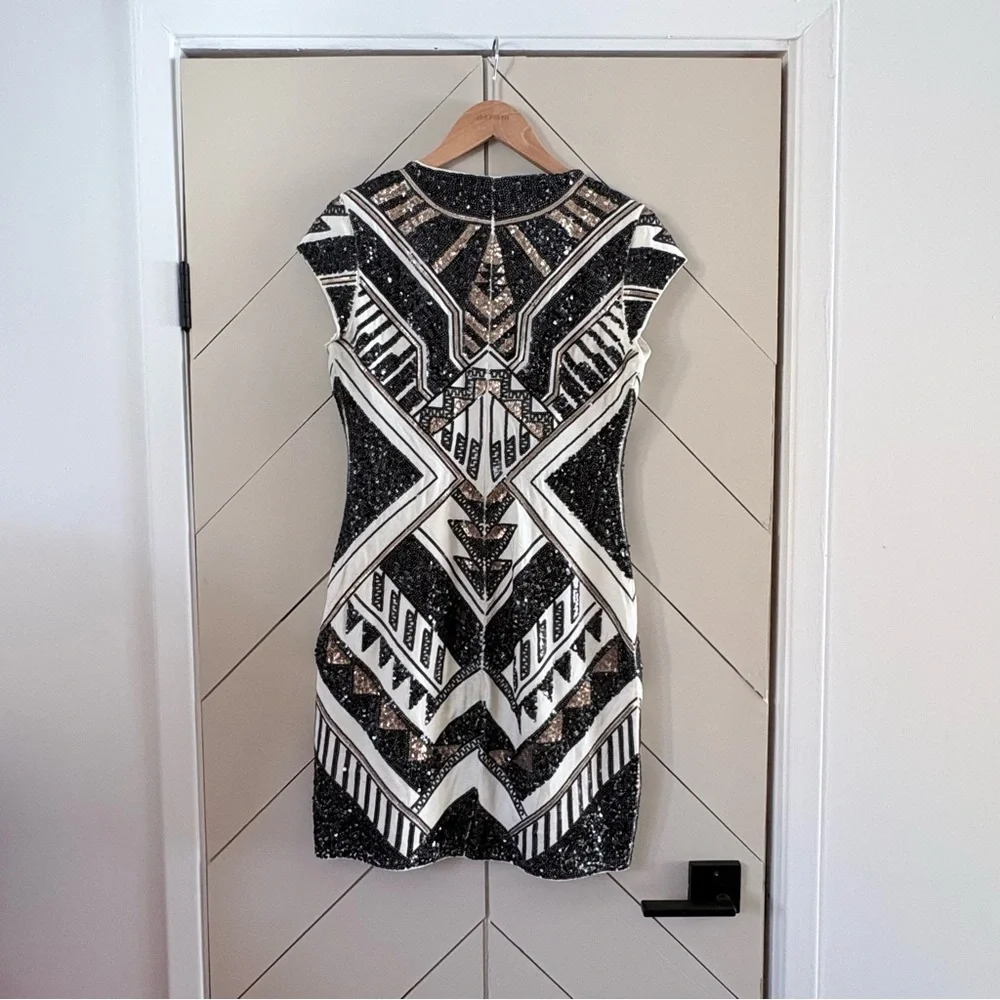 Express Art Deco Sequin Mini Dress Black Gold Silver Geometric Party Dress Small - Picture 6 of 7